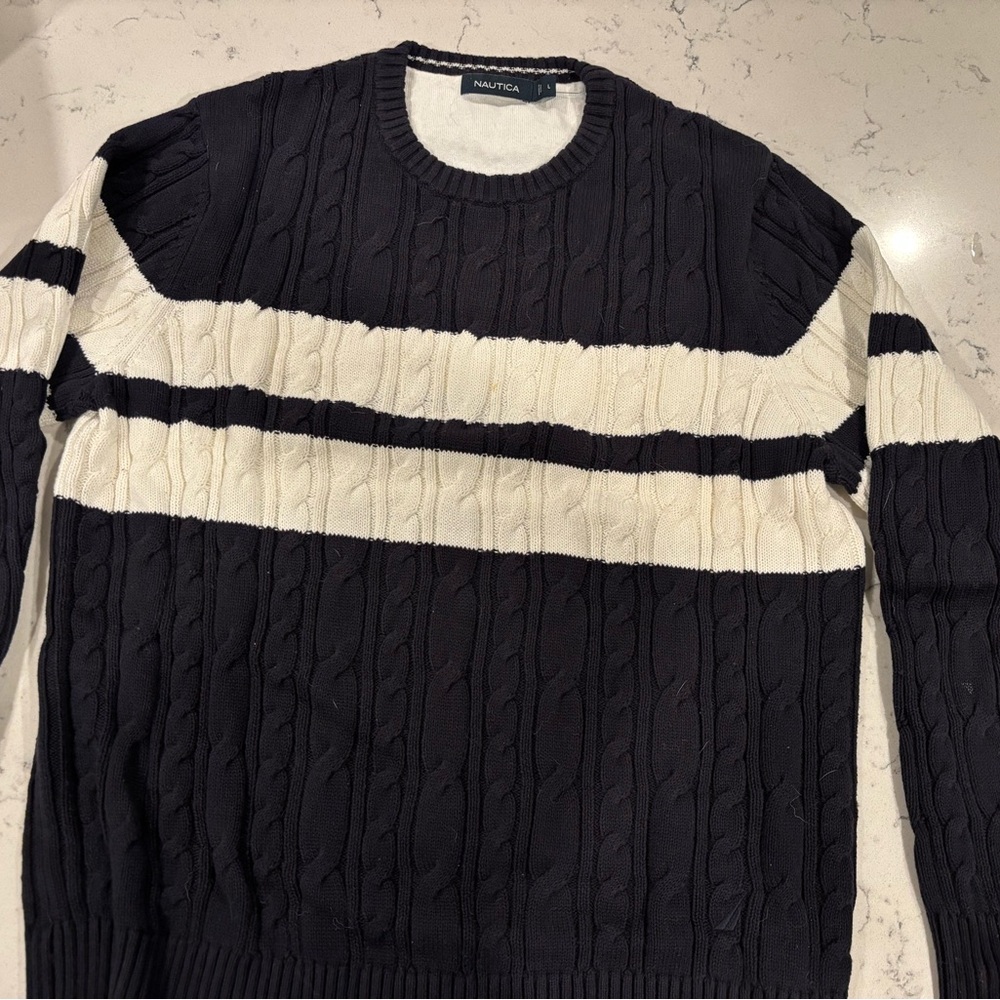 Nautica Men's Striped Crewneck Sweater - Navy and White